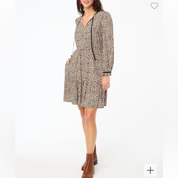 NWT J Crew Factory Size 14 Long Sleeve Tie Neck Dress Black Pink Floral - Picture 2 of 9